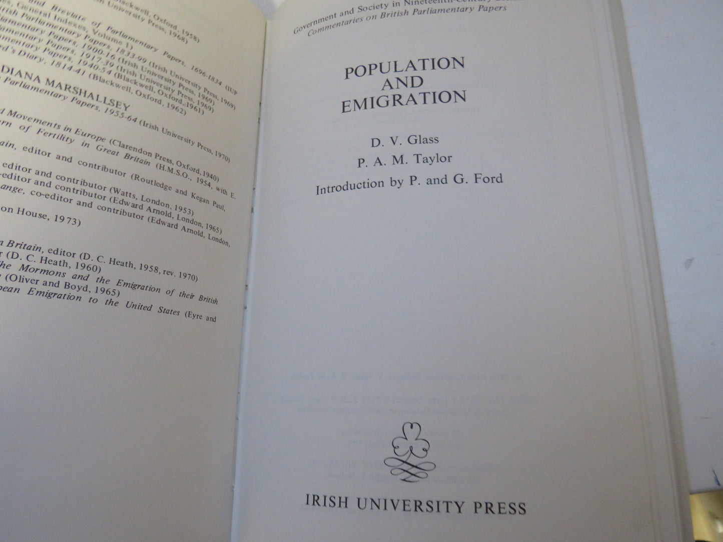Population and Emigration By D.V. Glass, P. A. M. Taylor 1976