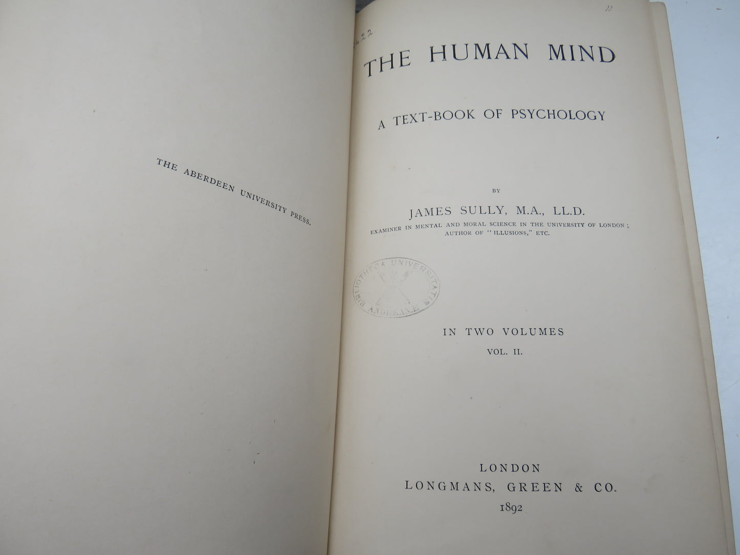 The Human Mind A Text-Book of Psychology By James Sully 1892 Volume II