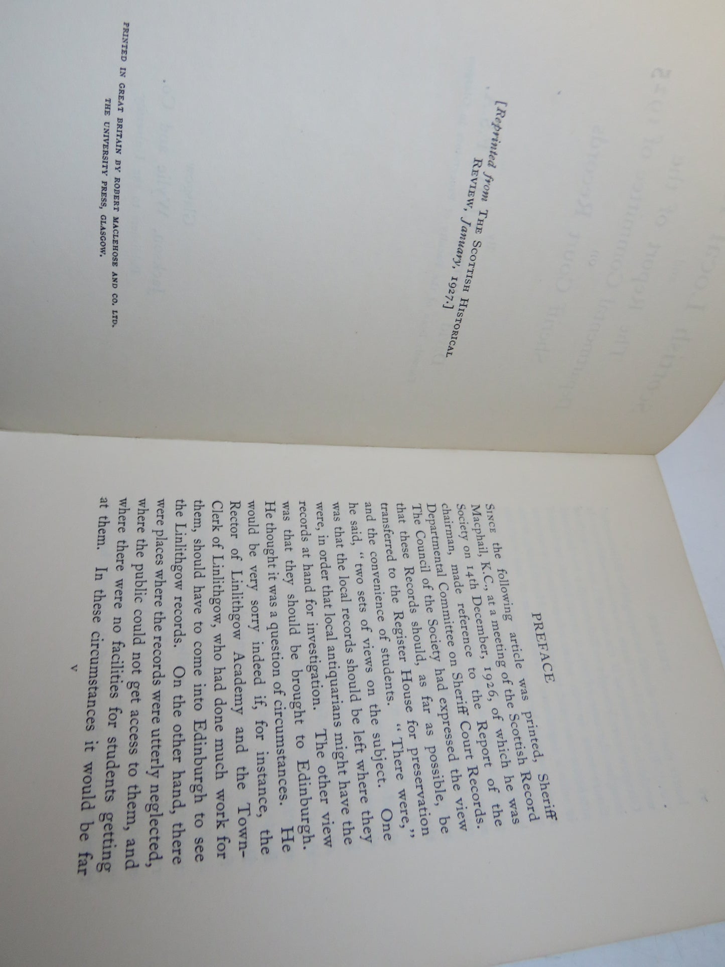 Scottish Local Records and The Report of  the Departmental Committee of 1925 On Sheriff Court Records By David Murray 1927