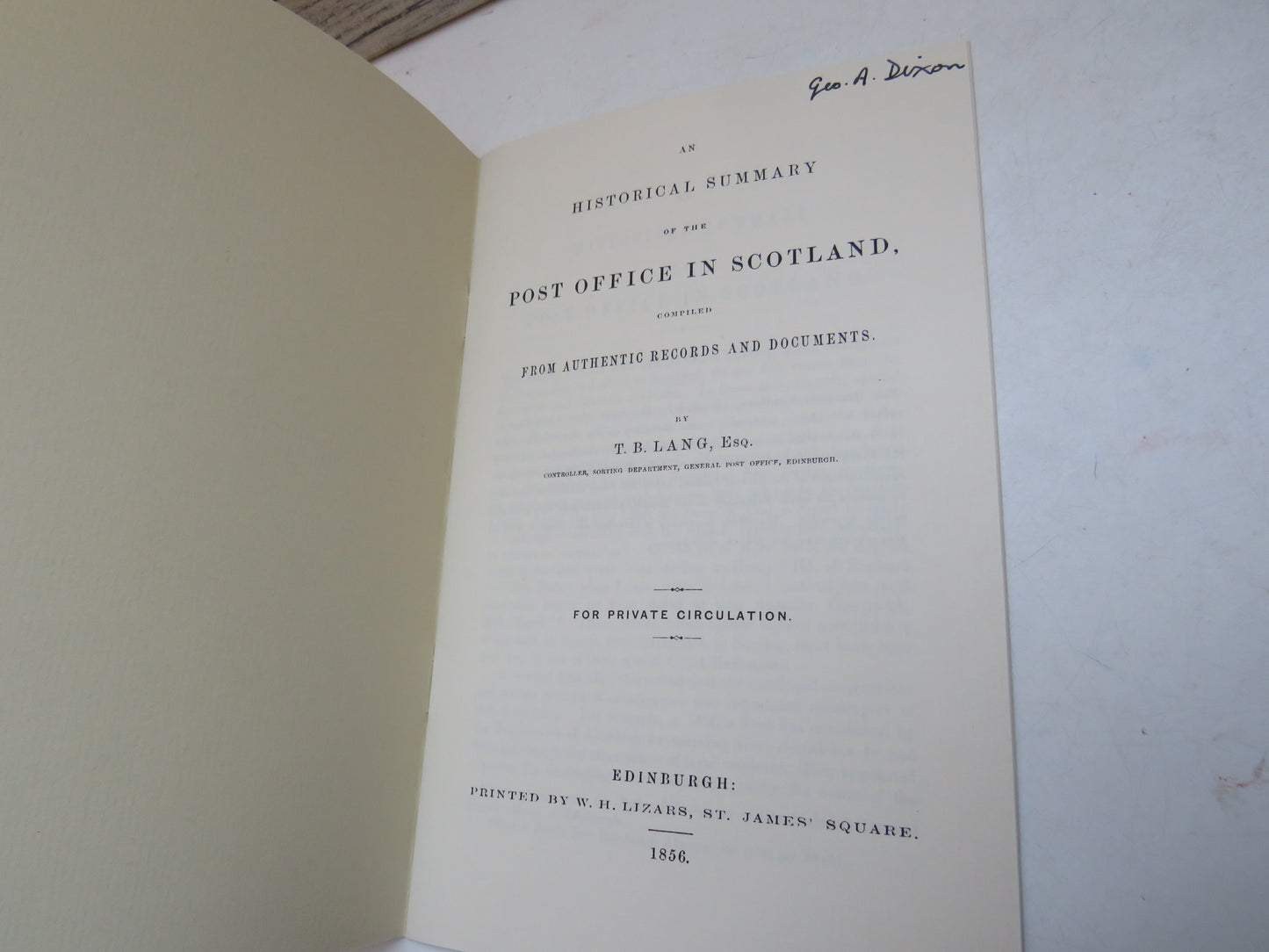 An Historical Summary of the Post Office In Scotland Compiled From Authentic Records and Documents By T.B. Lang 1856 - 1984 Reprint