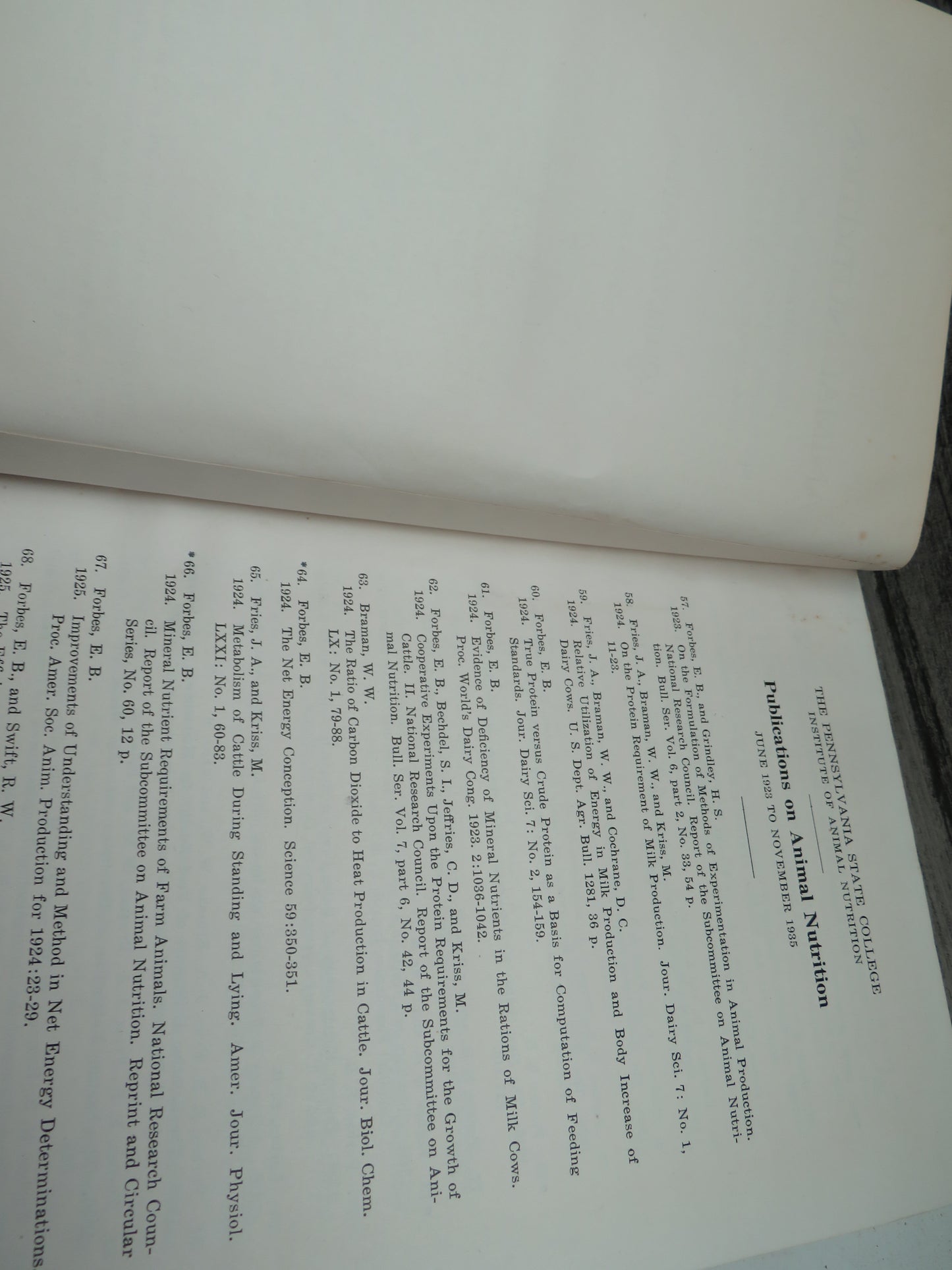 Animal Nutrition Investigations At The Institute of Animal Nutrititon of the Pennsylvania State College Collected Papers 1923 to 1935 By Ernest Browning Forbes and Associates