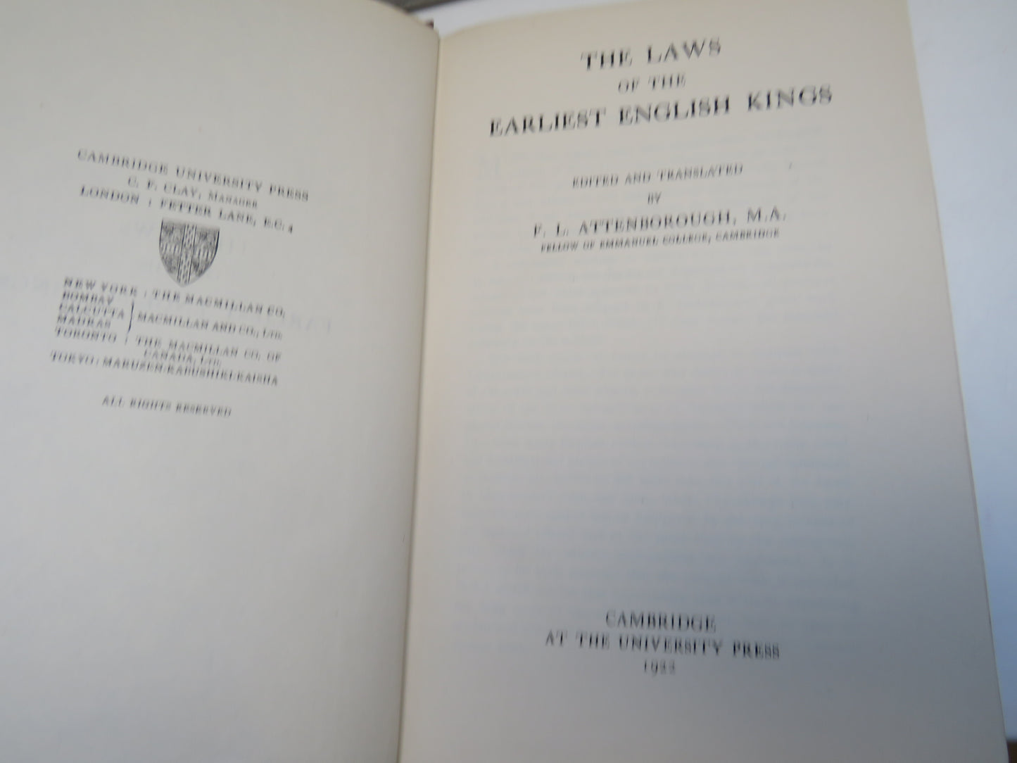 The Laws of the Earliest English Kings Edited and Translated By F.L. Attenborough 1922