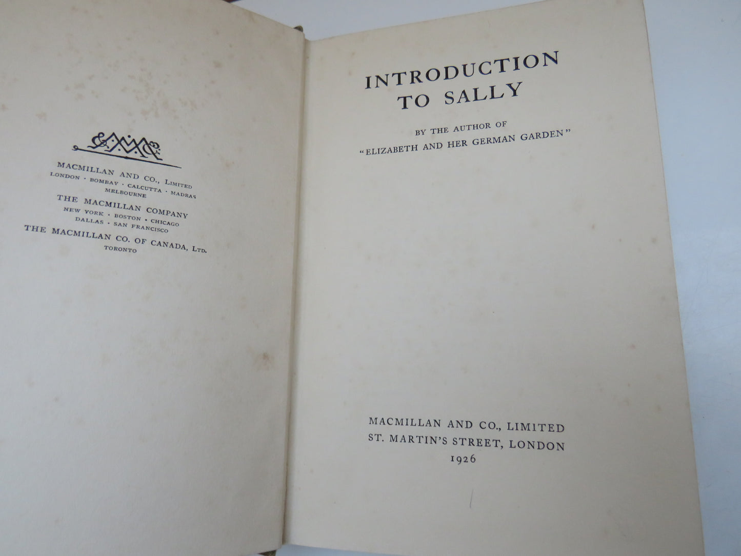 Introduction To Sally By The Author of "Elizabeth and Her German Garden" 1926