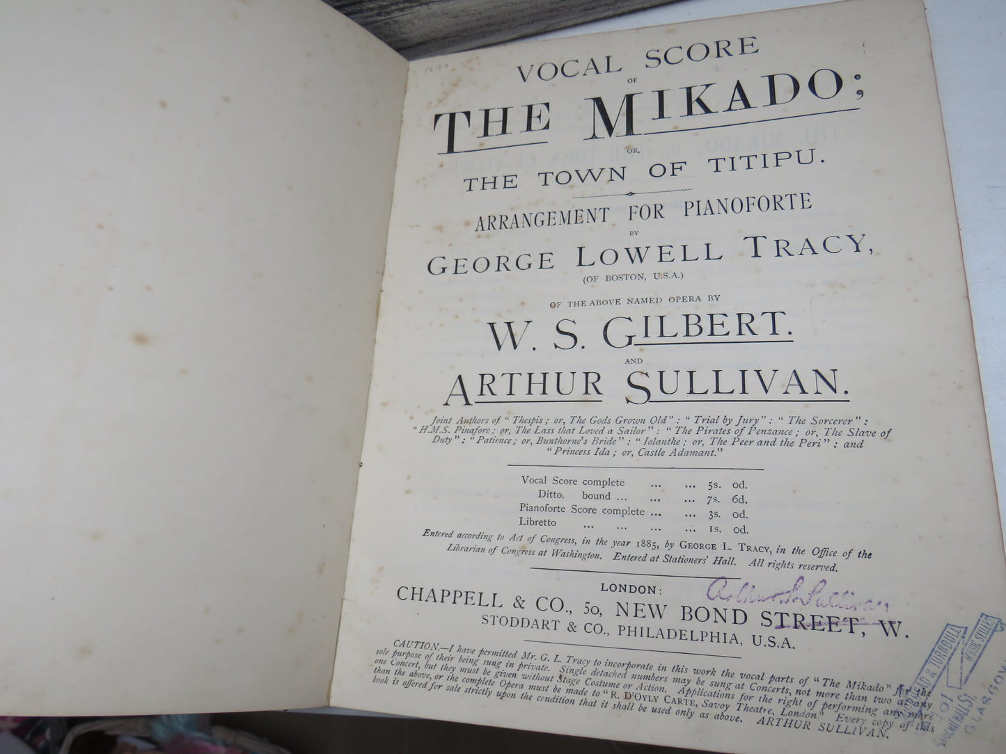 Vocal Score of The Mikado; The Town of Titipu Arrangement For Pianoforte By George Lowell Tracy 1885