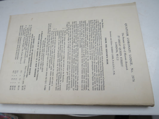 Ars Quatuor Coronatorum  Volume LXXVIII Transactions of Quatuor Coronation Lodge No. 2076 London 1963