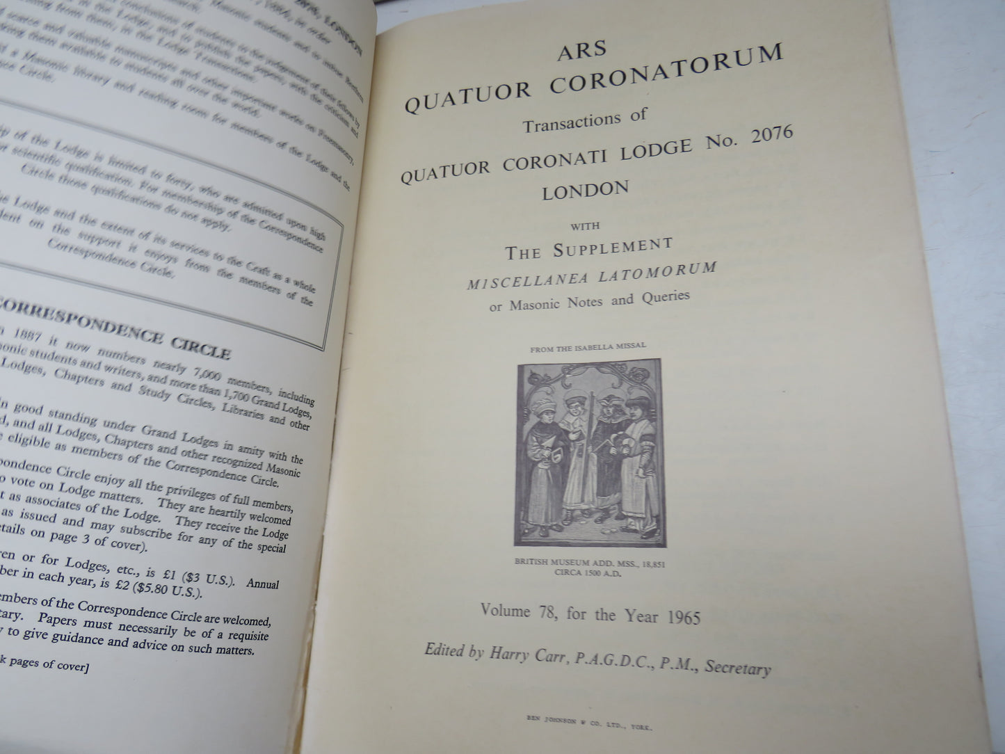 Ars Quatuor Coronatorum  Volume LXXVIII Transactions of Quatuor Coronation Lodge No. 2076 London 1963