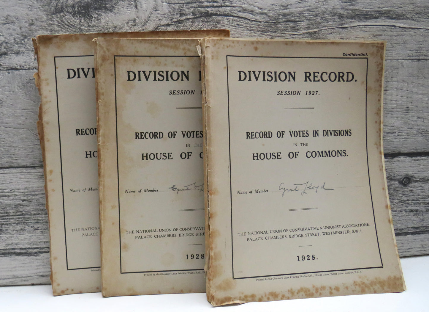 Division Record 1924-25, 1927 & 1928 Record of Votes In Divisions In The House of Commons Cyril Lloyd