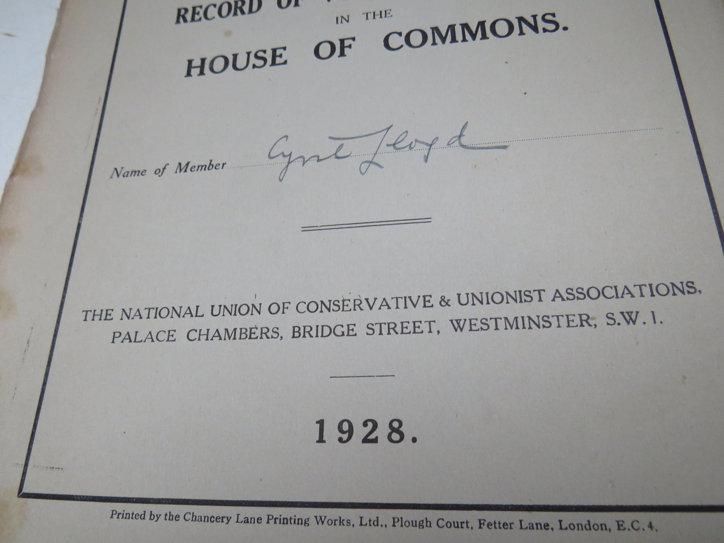 Division Record 1924-25, 1927 & 1928 Record of Votes In Divisions In The House of Commons Cyril Lloyd