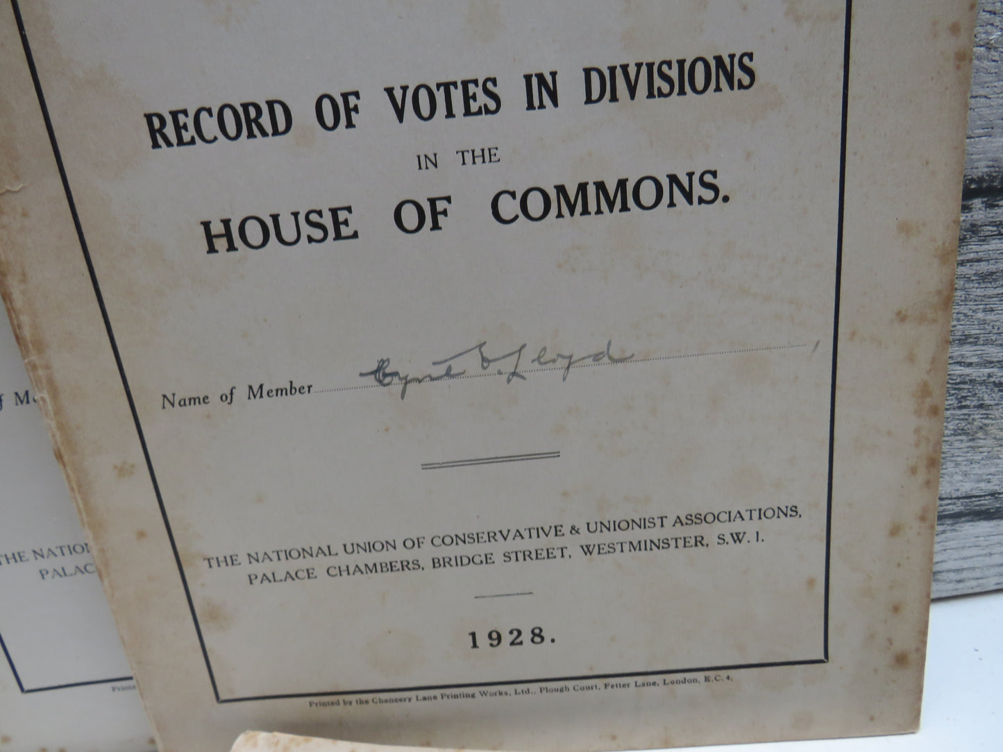 Division Record 1924-25, 1927 & 1928 Record of Votes In Divisions In The House of Commons Cyril Lloyd