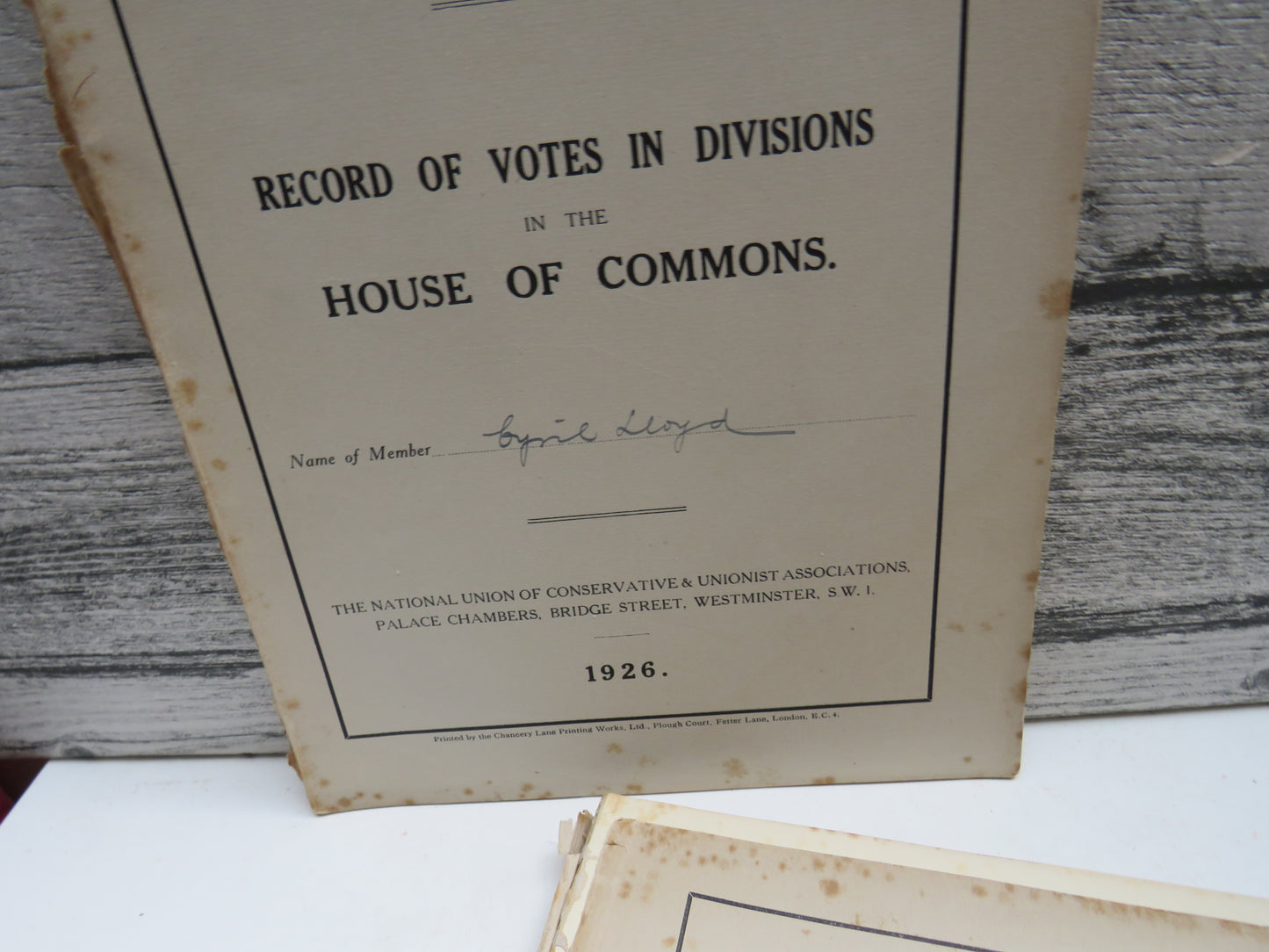 Division Record 1924-25, 1927 & 1928 Record of Votes In Divisions In The House of Commons Cyril Lloyd