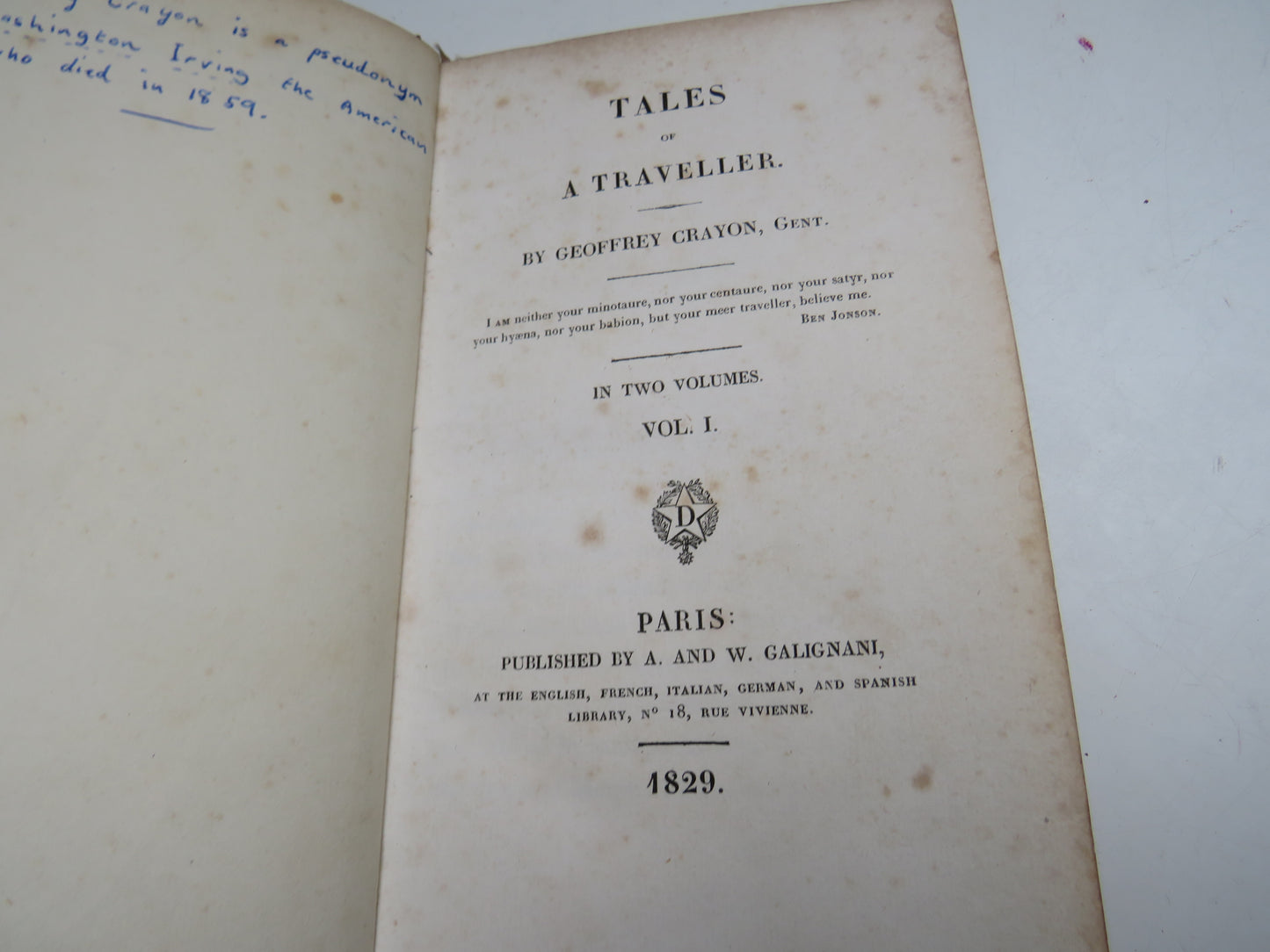 Tales of A Traveller By Geoffrey Crayon In Two Volumes 1829