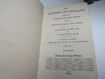 The History of England From The Invasion of Julius Caesar To The Death of George The Second By David Hume and T. Smollett 1824 In 8 Odd Volumes