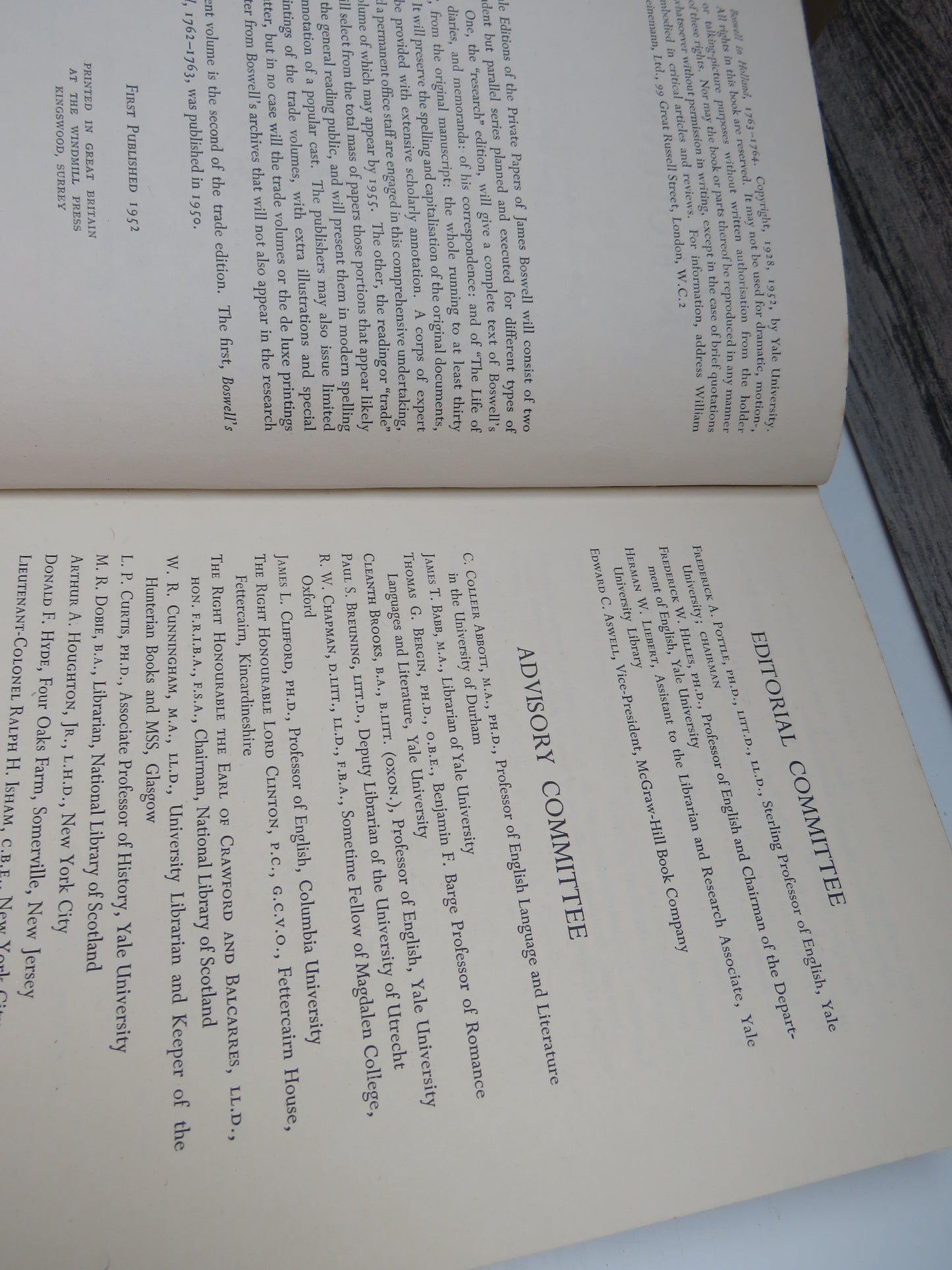 Boswell in Holland 1763-1764 Including his Correspondence with Belle De Zuylen (Zelide), edited by Frederick A. Pottle, 1952