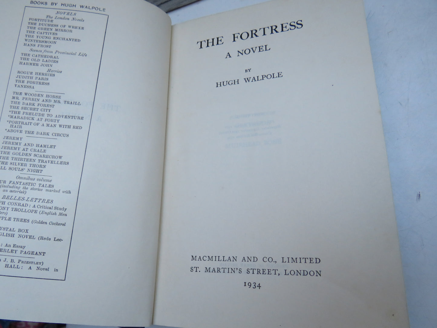 The Fortress a Novel By Hugh Walpole 1934