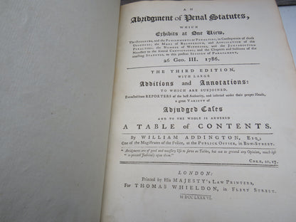 An Abridgment of Penal Statutes, Which Exhibits At One View, The Offences, and Punishments or Penalties... 1786
