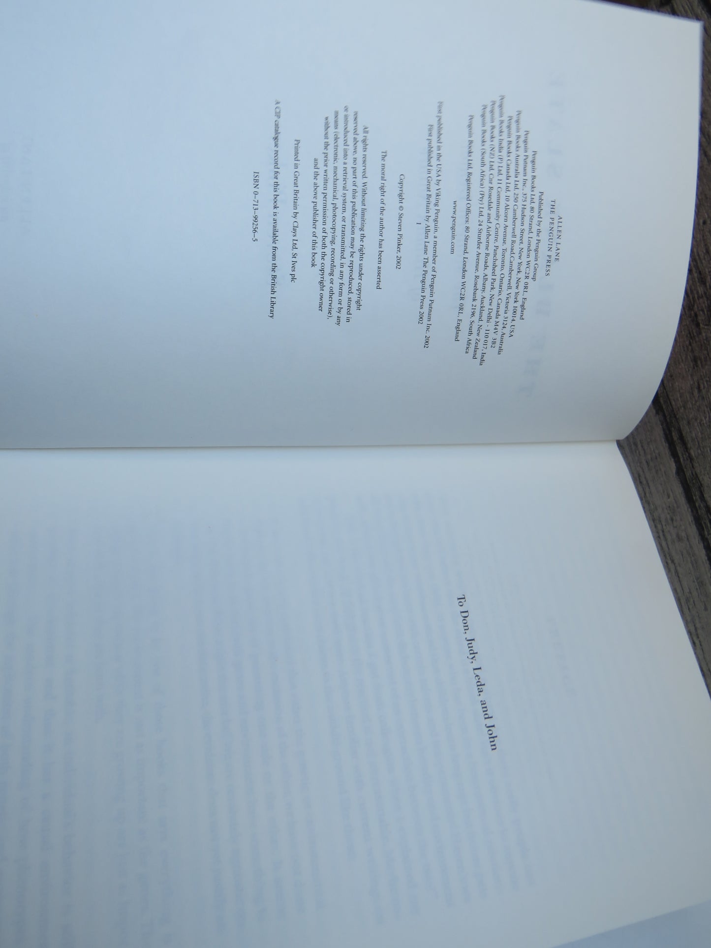 The Blank Slate The Modern Denial of Human Nature By Steven Pinker 2002 1st Edition