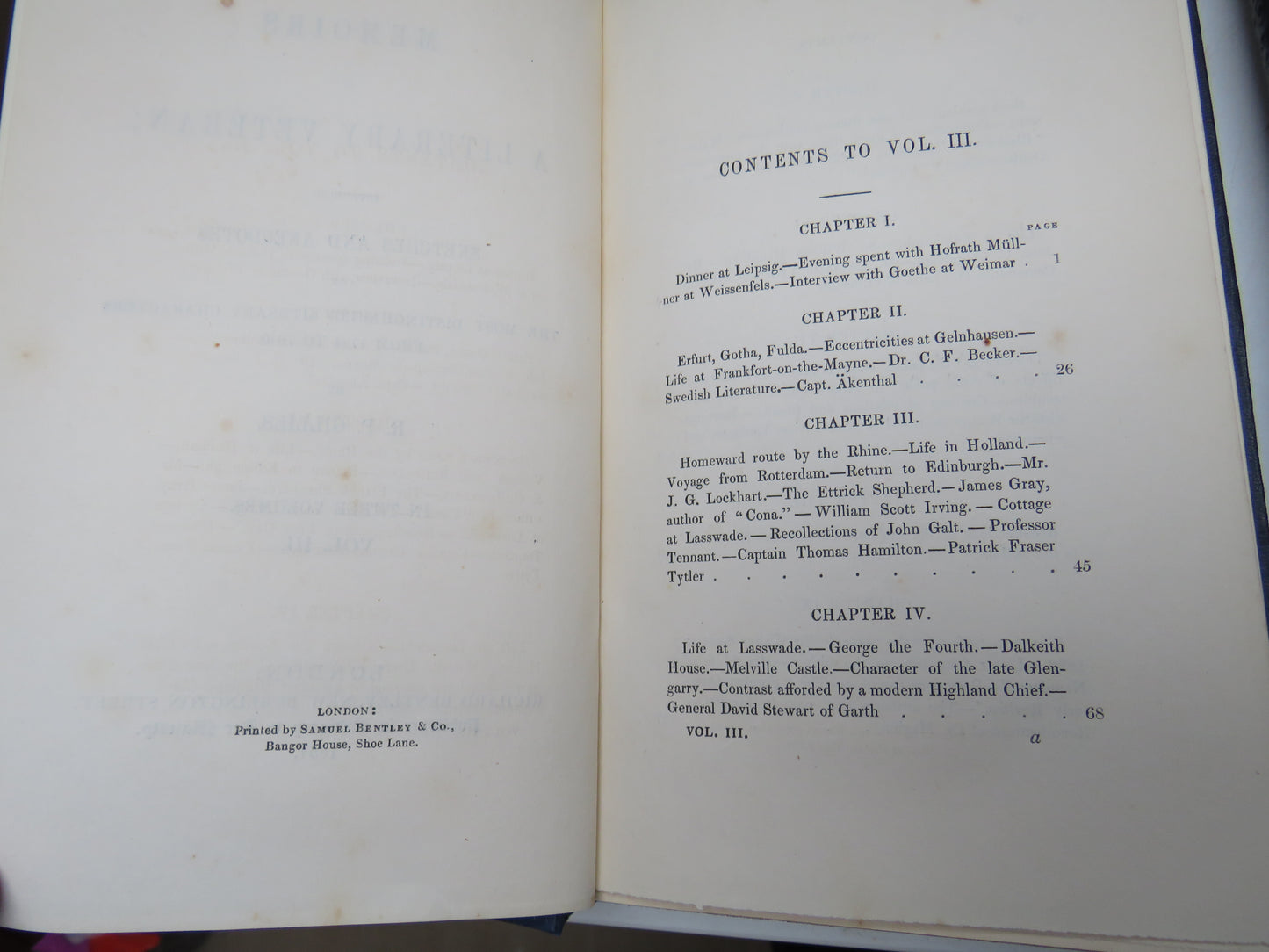 Memoirs of a Literary Veteran By R. P. Gillies 1851 Volumes I & III Only
