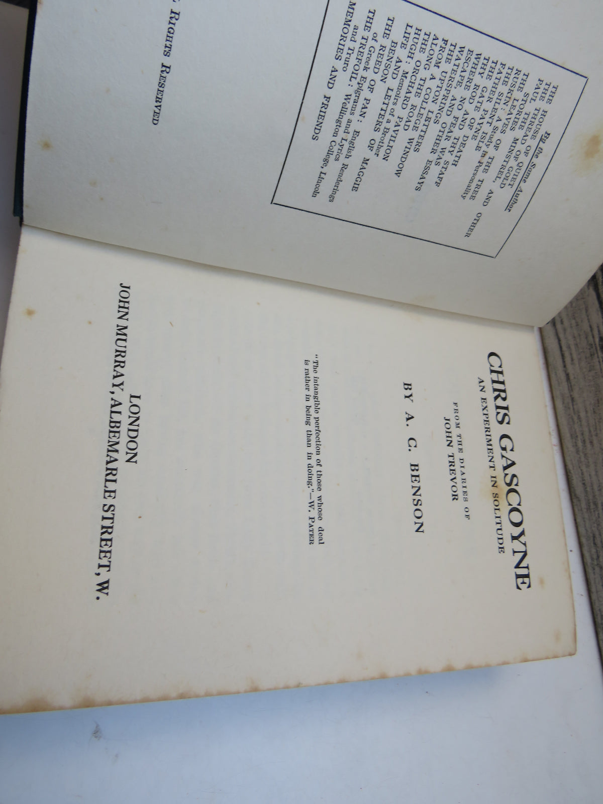Chris Gascoyne An Experiment In Solitude From The Diaries of John Trevor By A. C. Benson 1924