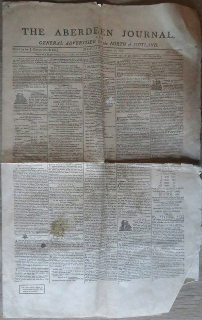 The Aberdeen Journal January 5th, 1801 Original Antique Newspaper book front cover