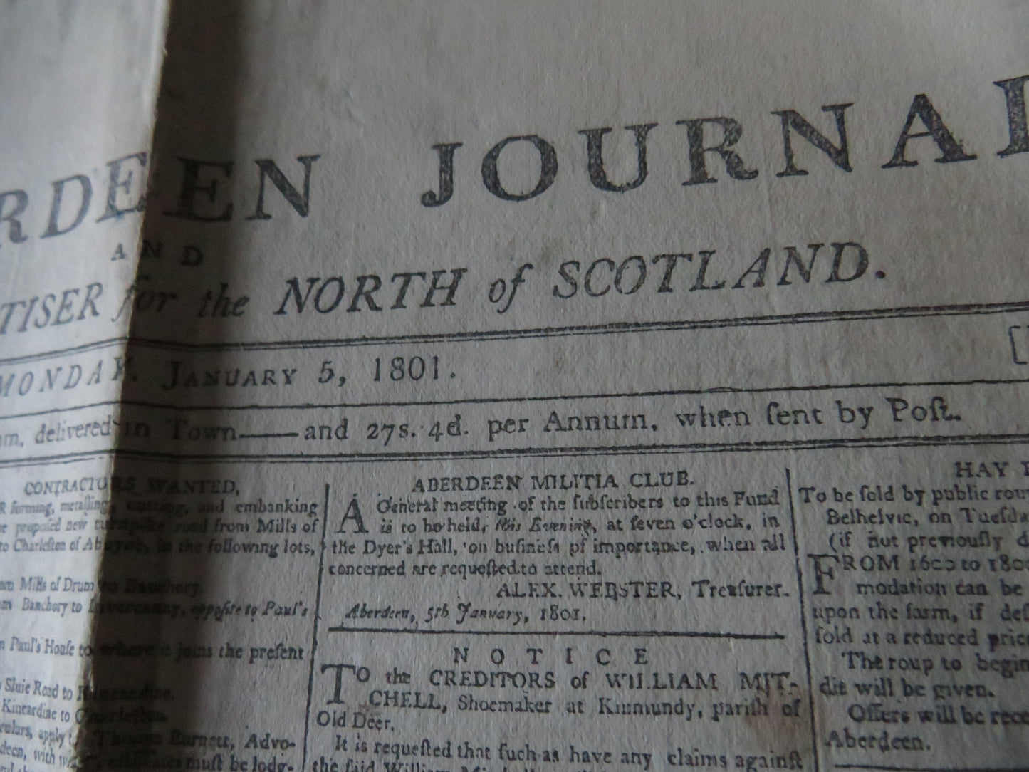 The Aberdeen Journal January 5th, 1801 Original Antique Newspaper