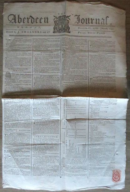 The Aberdeen Journal December 11th 1786 Original Antique Newspaper book front cover
