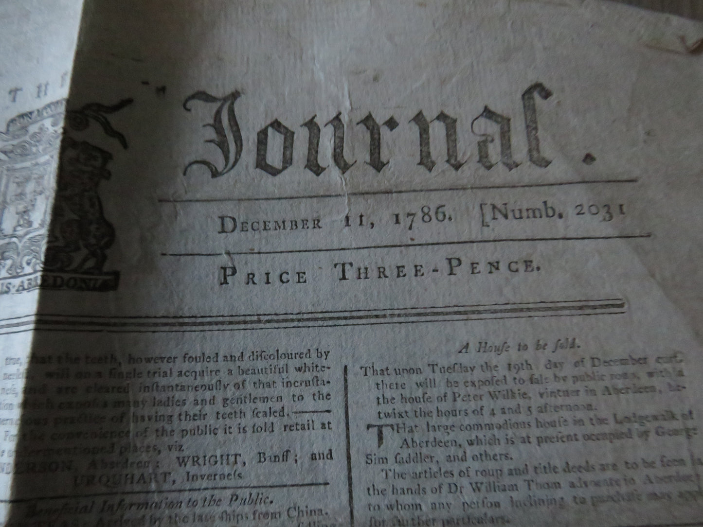 The Aberdeen Journal December 11th 1786 Original Antique Newspaper