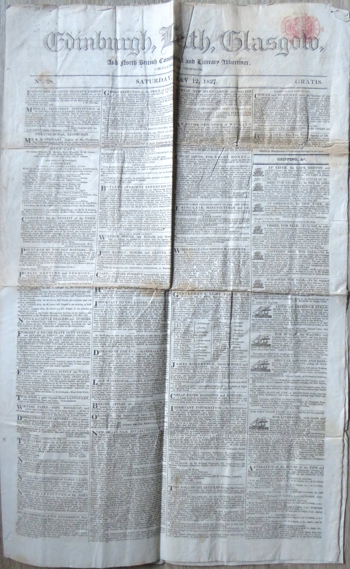 Edinburgh, Leith, Glasgow and North British Commercial and Literary Advertiser 1827 Antique Newspaper