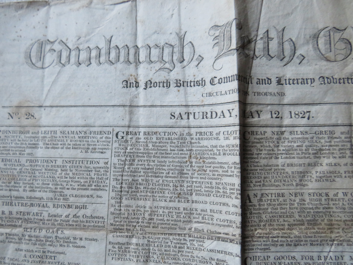 Edinburgh, Leith, Glasgow and North British Commercial and Literary Advertiser 1827 Antique Newspaper