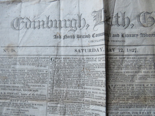Edinburgh, Leith, Glasgow and North British Commercial and Literary Advertiser 1827 Antique Newspaper