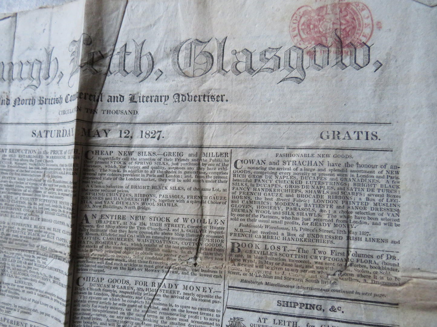 Edinburgh, Leith, Glasgow and North British Commercial and Literary Advertiser 1827 Antique Newspaper