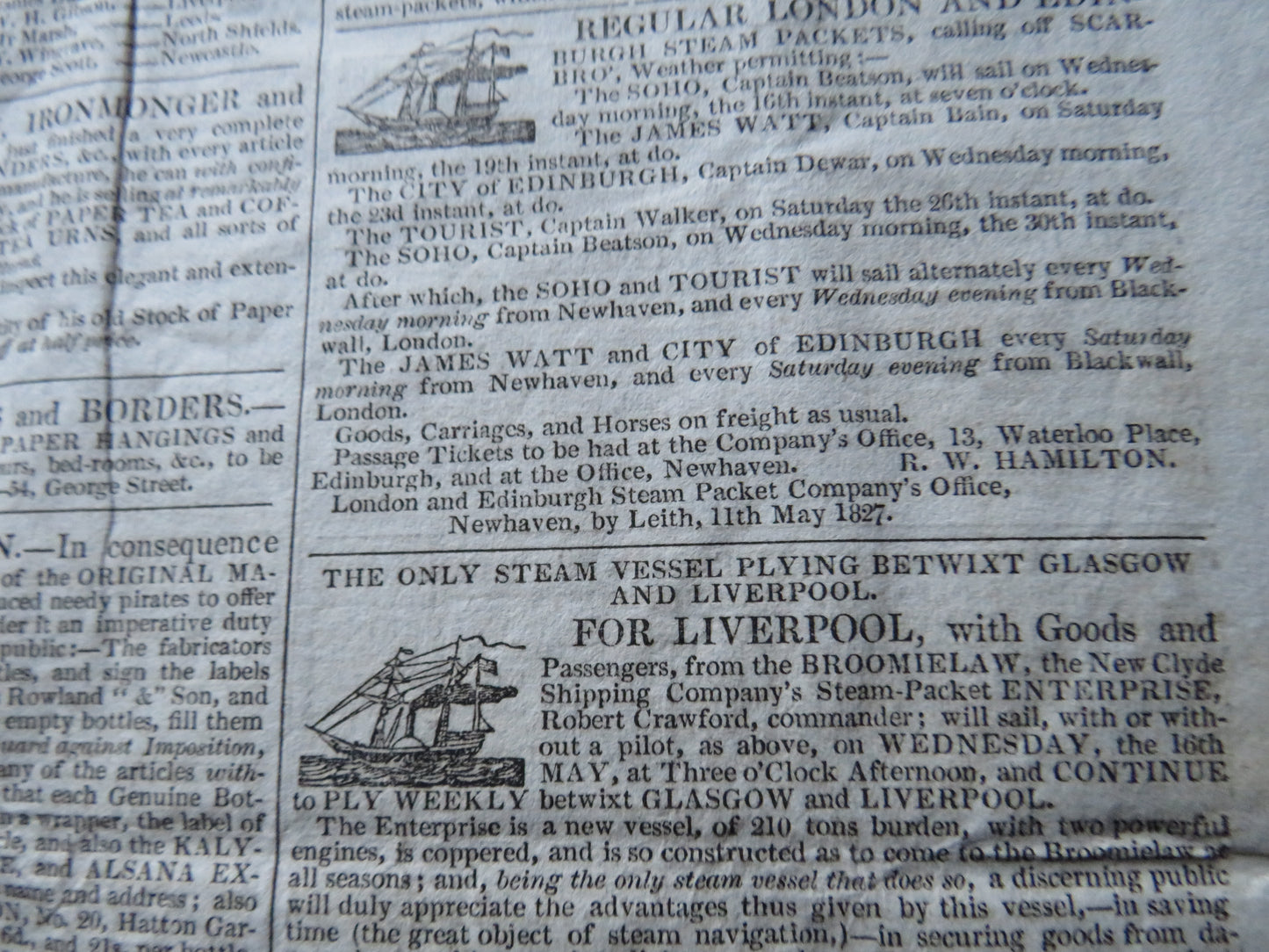 Edinburgh, Leith, Glasgow and North British Commercial and Literary Advertiser 1827 Antique Newspaper