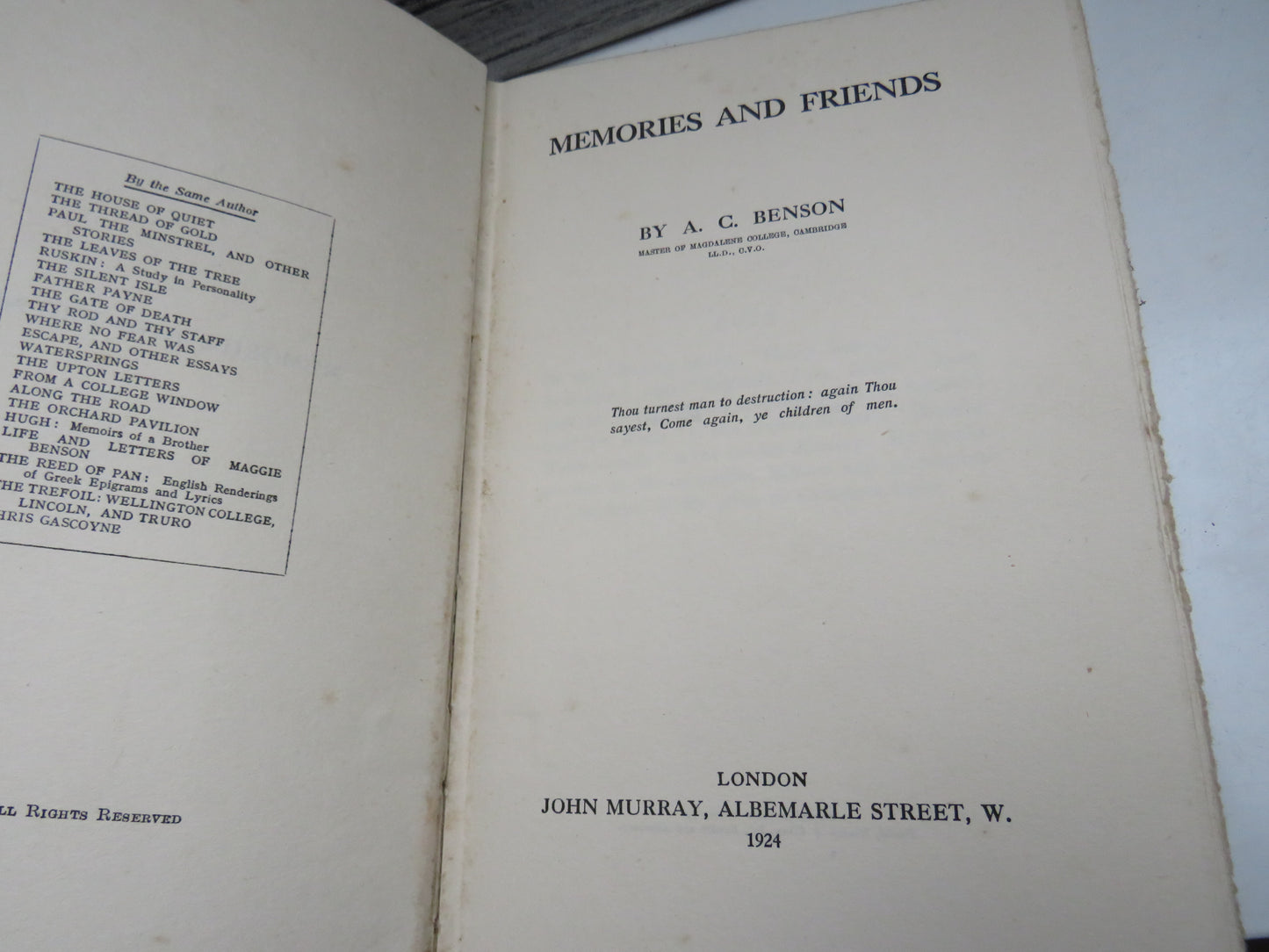 Memories and Friends by A. C. Benson 1924