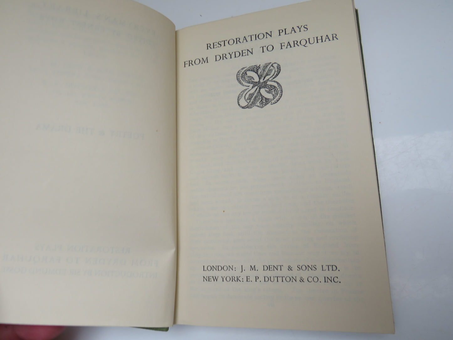 Restoration Plays from Dryden to Farquhar, Poetry & The Drama, Everyman's Library edited by Ernest Rhys, 1939