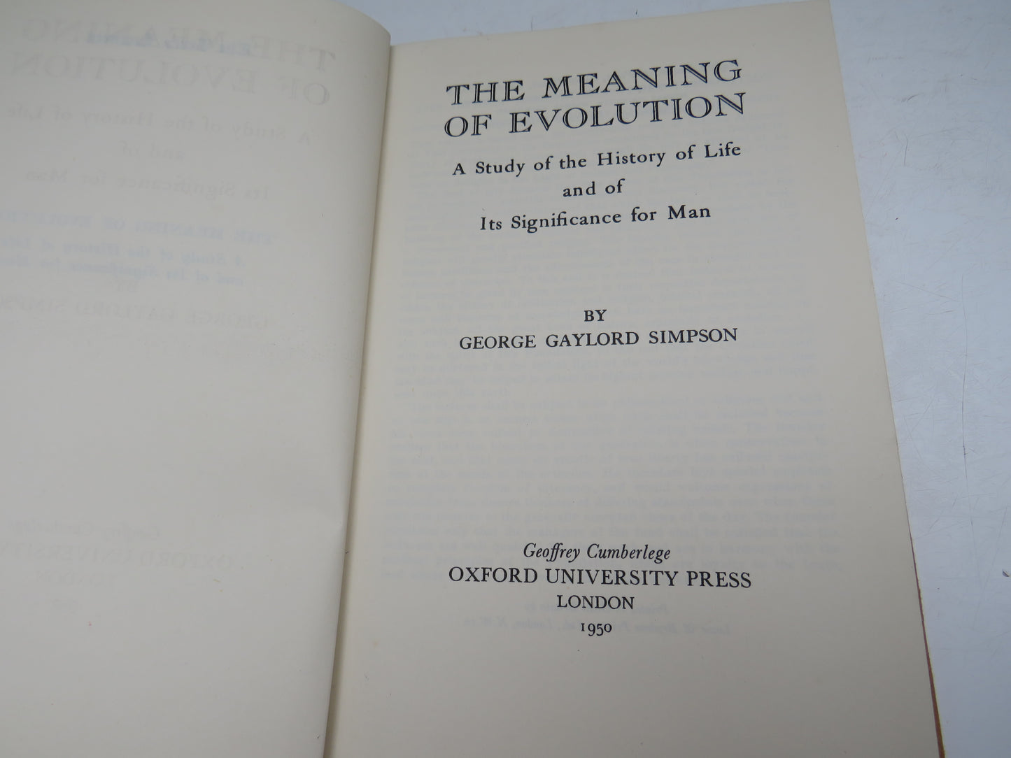 The Meaning of Evolution A Study of the History of Life and Of Its Significance For Man By George Gaylord Simpson 1950