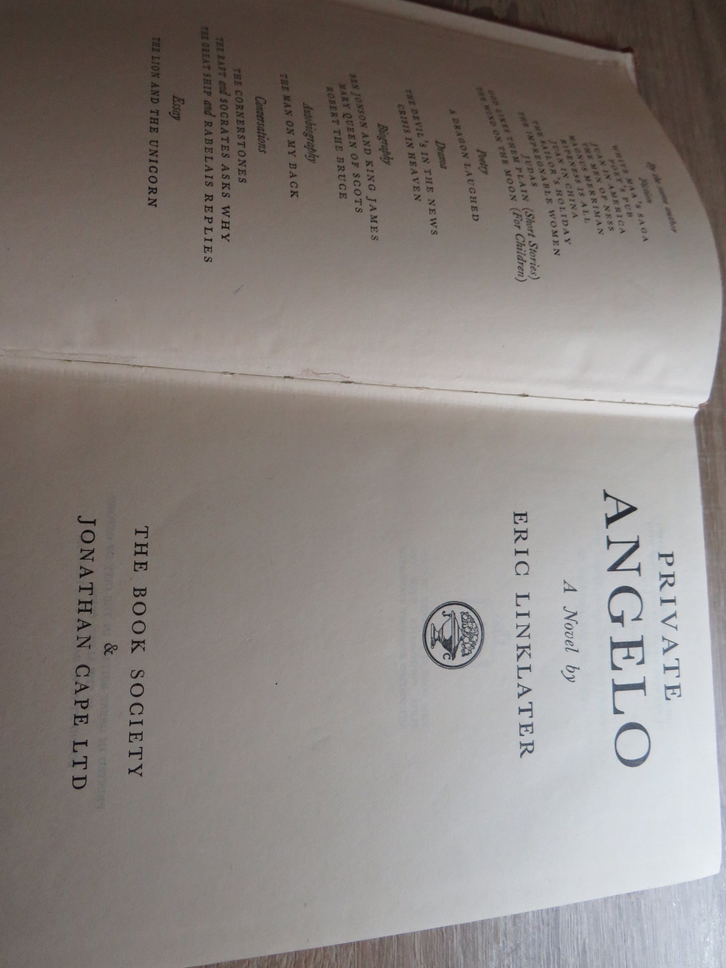 Private Angelo A Novel By Eric Linklater 1946