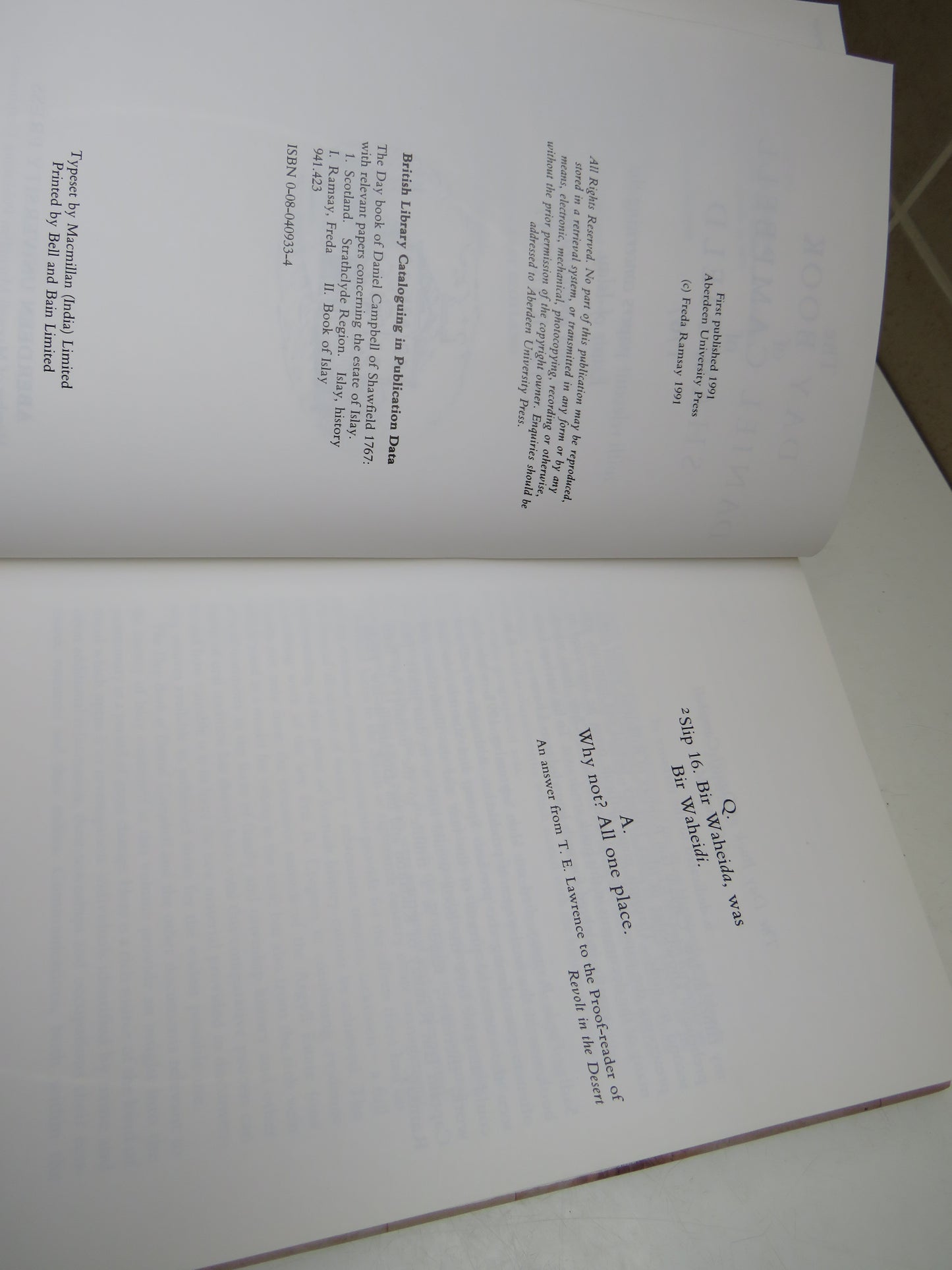 The Day Book of Daniel Campbell of Shawfield 1767 With Relevant Papers Concerning The Estate of Islay Edited and Annotated by Freda Ramsay 1991