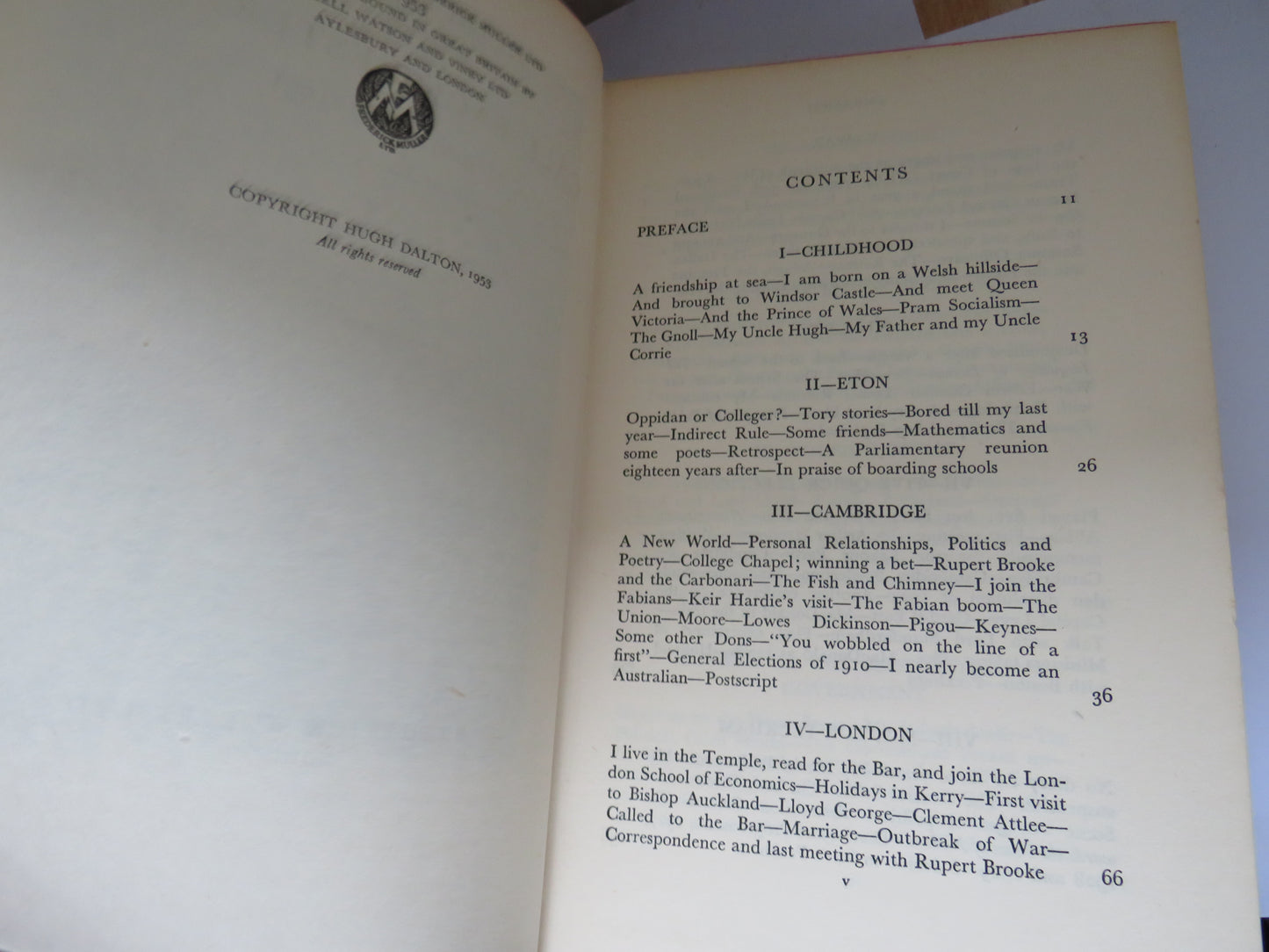 Call Back Yesterday Memoirs 1887-1931 By Hugh Dalton 1953
