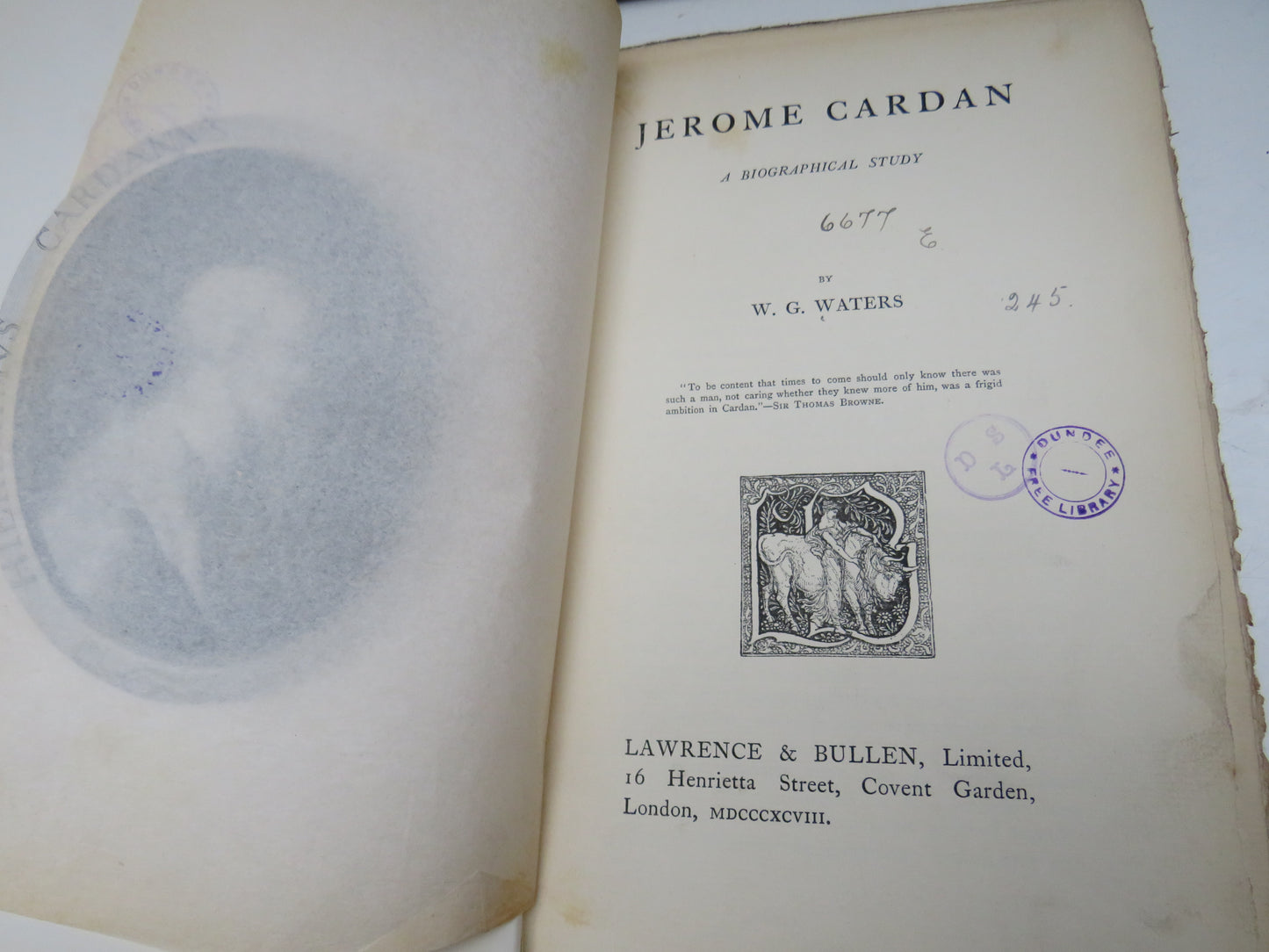 Jerome Cardan A Biographical Study By W.G. Waters 1898 1st Edition Antique Book