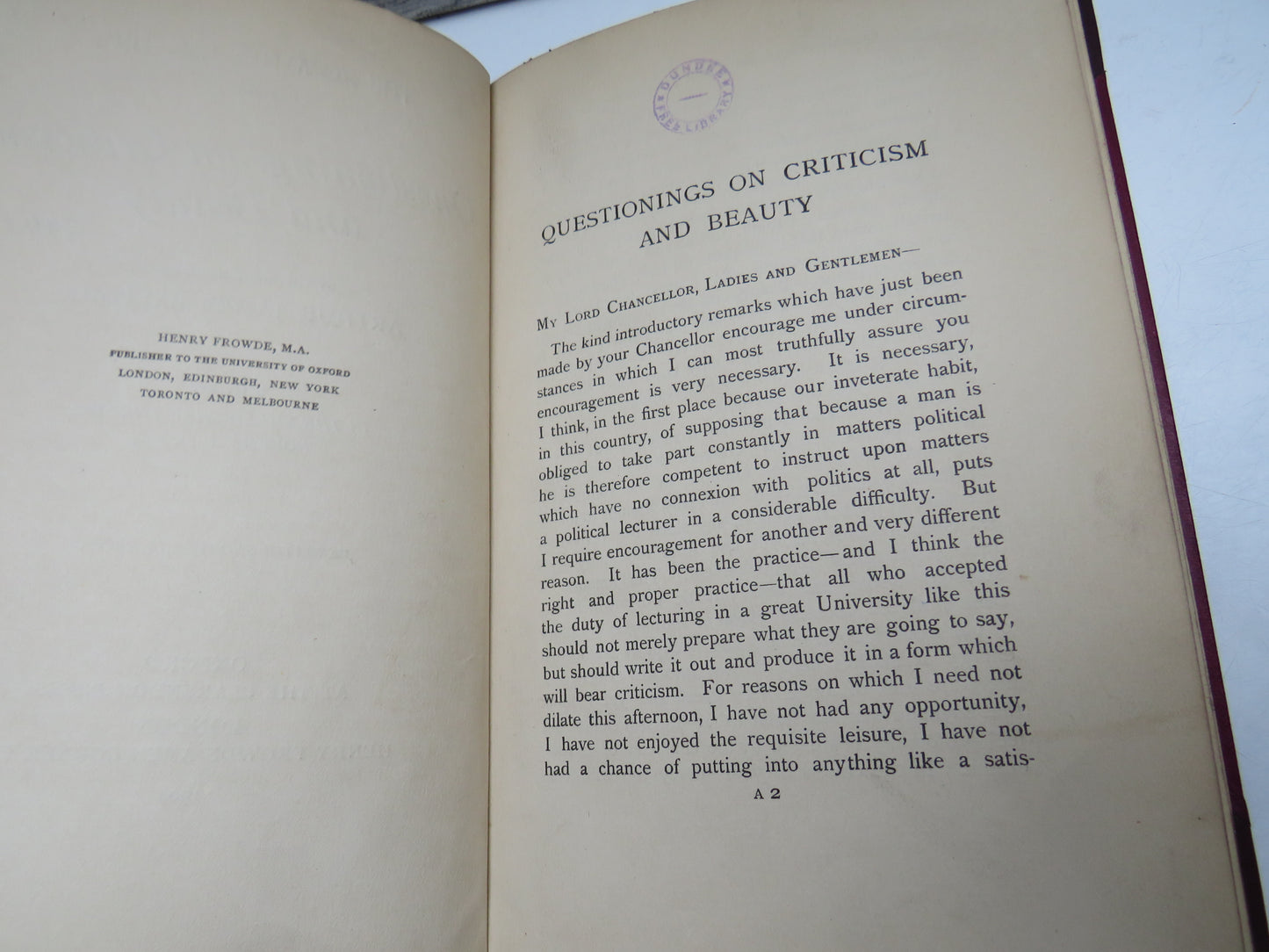 The Romanes Lecture 1909 Questionings On Criticism and Beauty By Arthur James Balfour