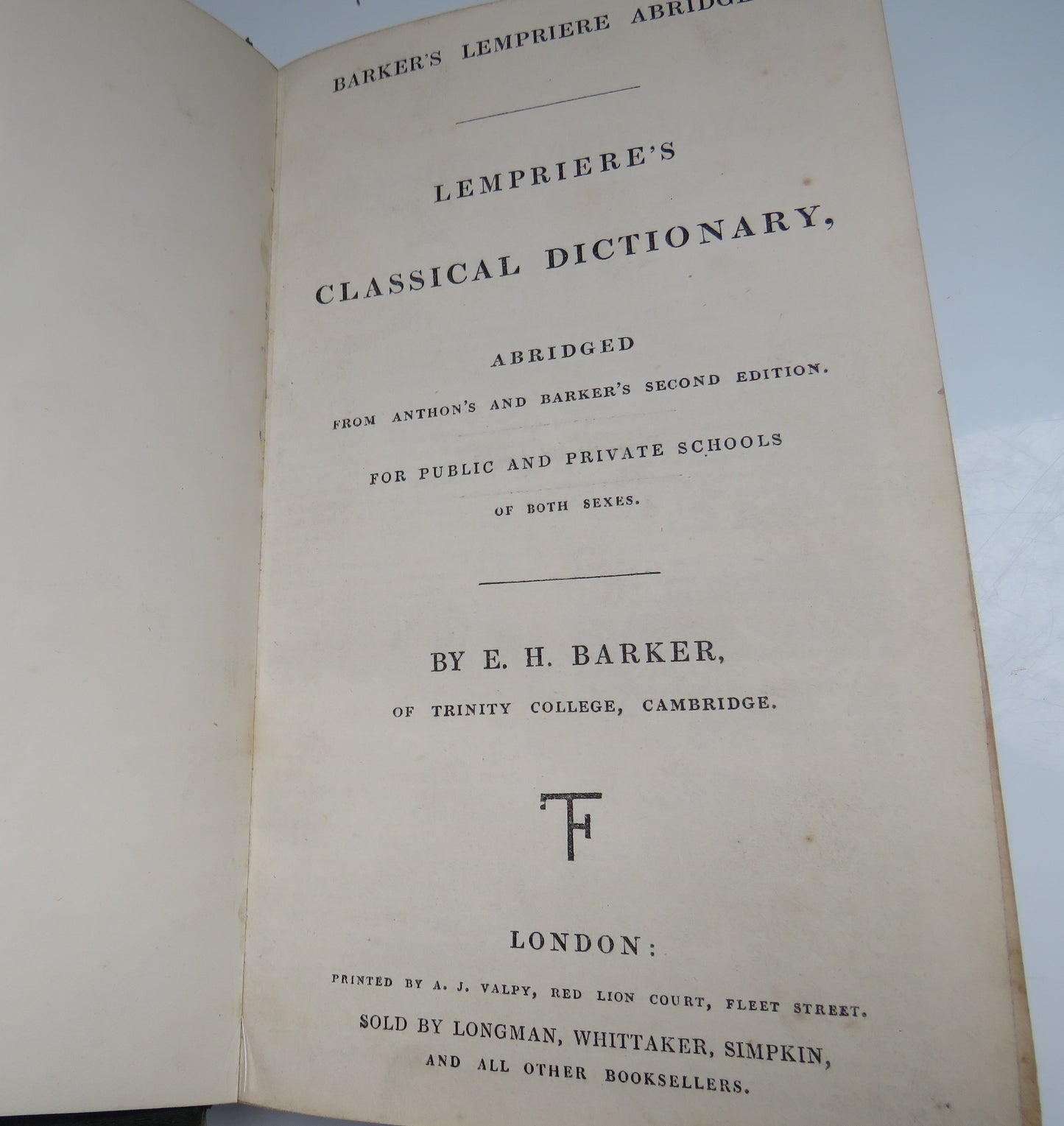 Lempriere's Classical Dictionary by E.H. Barker Antique Book