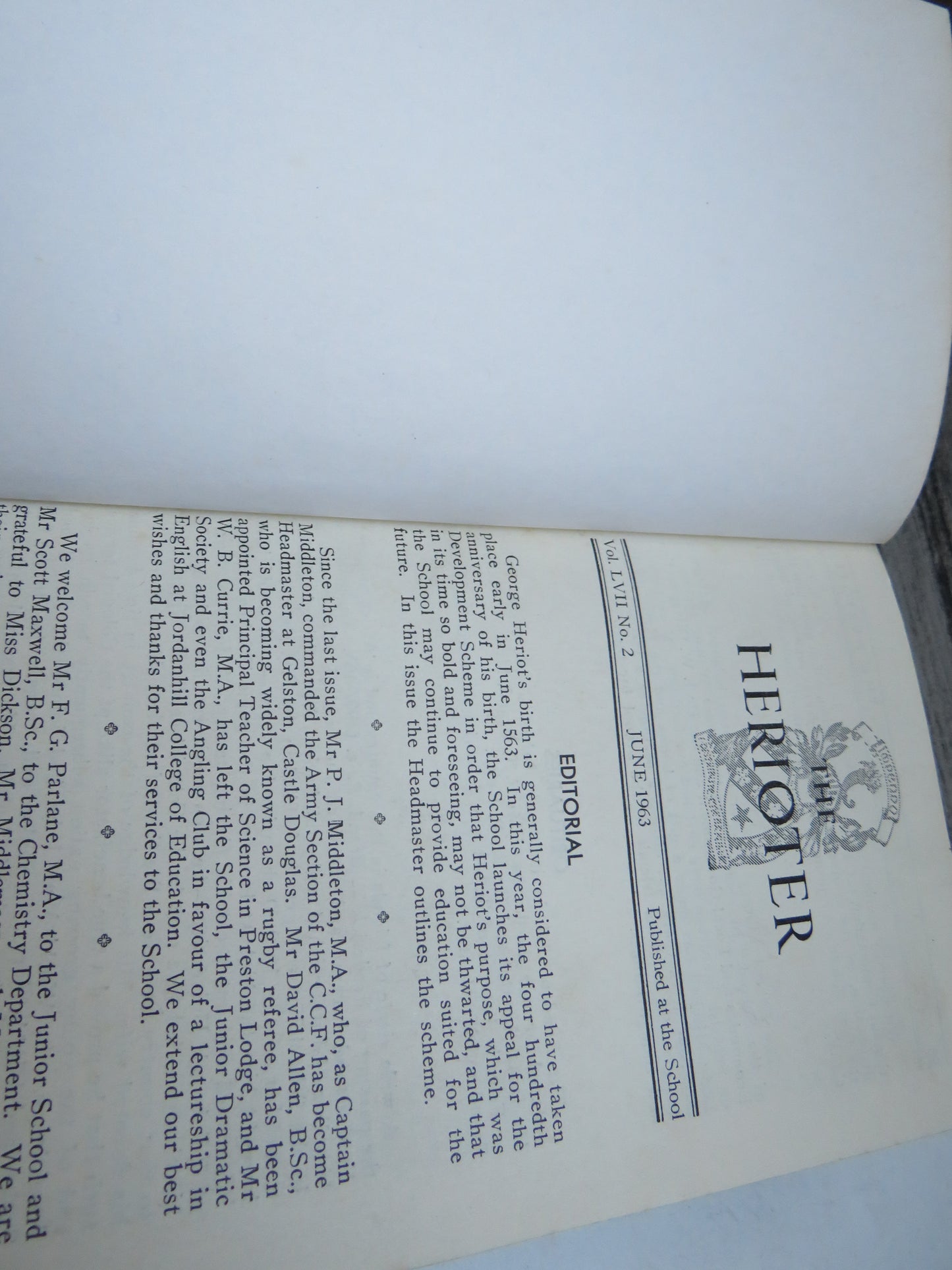 The Herioter Vol. LVII No 2 1963, Vol. LVIII, No 1, LIX No. 1 1964, Vol LX No 1 1965, Vol LXI No 1966, Vol LXI No 2 1967, Vol LXII No I 1967, Vol LXII No 2 1968, LXIII No 1 1968, Vol LXIII No 2 1969, Vol LXIV No 1 1969