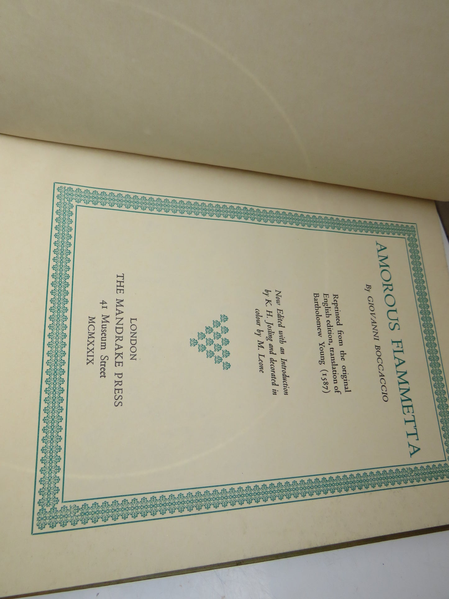 Amorous Fiammetta By Giovanni Boccaccio 1929 Reprinted From The Original English Edition, Translation of Bartholomew Young (1587)