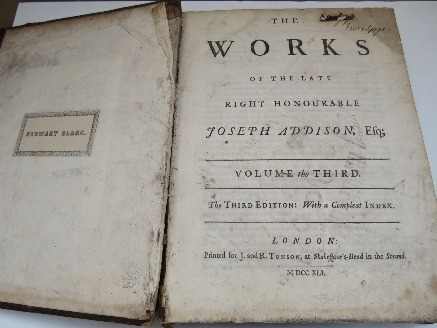 The Works Of The Late Right Honourable Joseph Addison Esq Volume The Third 1741