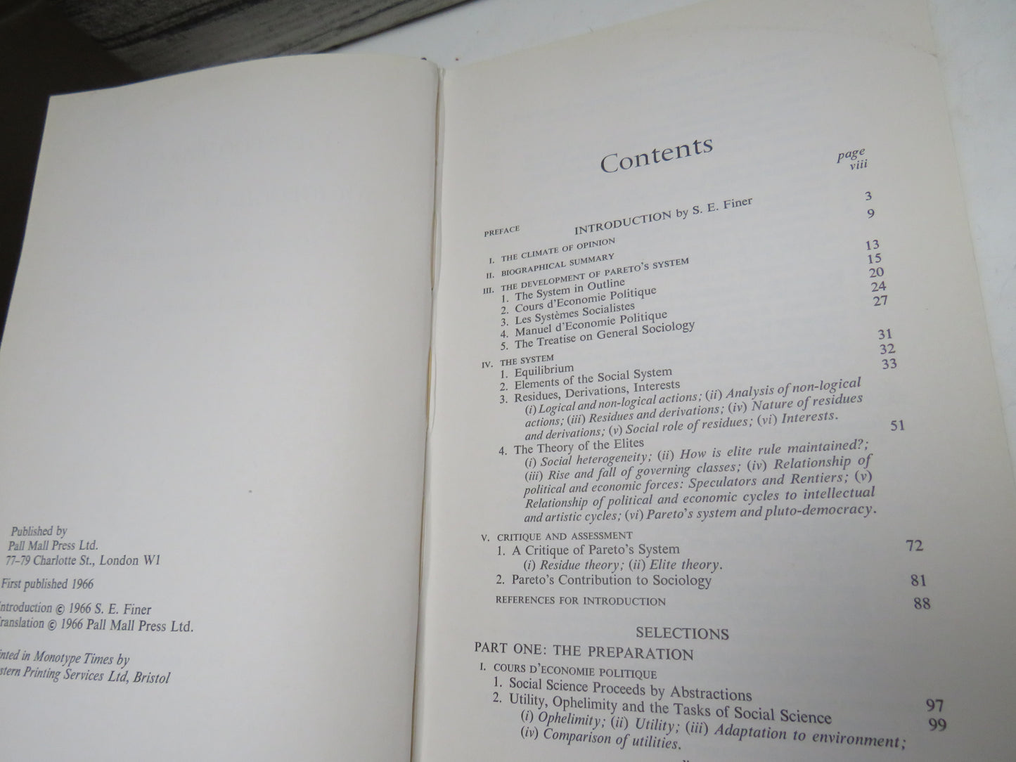 Sociological Writings By Vilfredo Pareto Selected and Introduced By S.E. Finer Translated By Derick Mirfin 1966