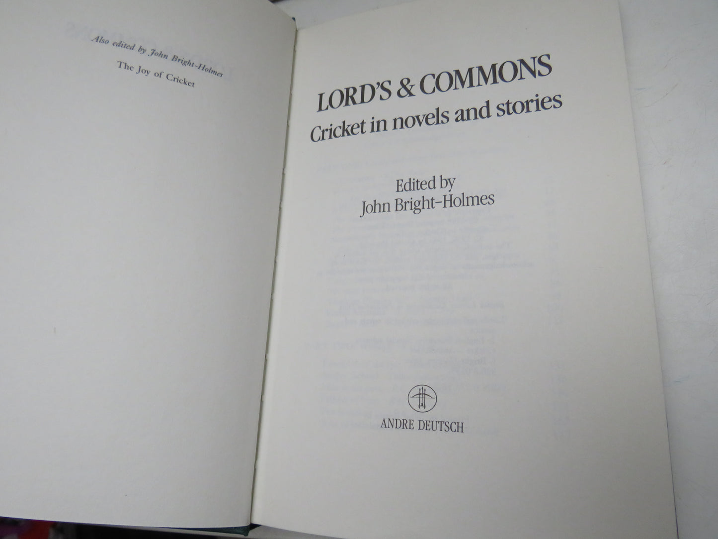 Lord's & Commons Cricket In Novels and Stories Edited By John Bright-Holmes 1988