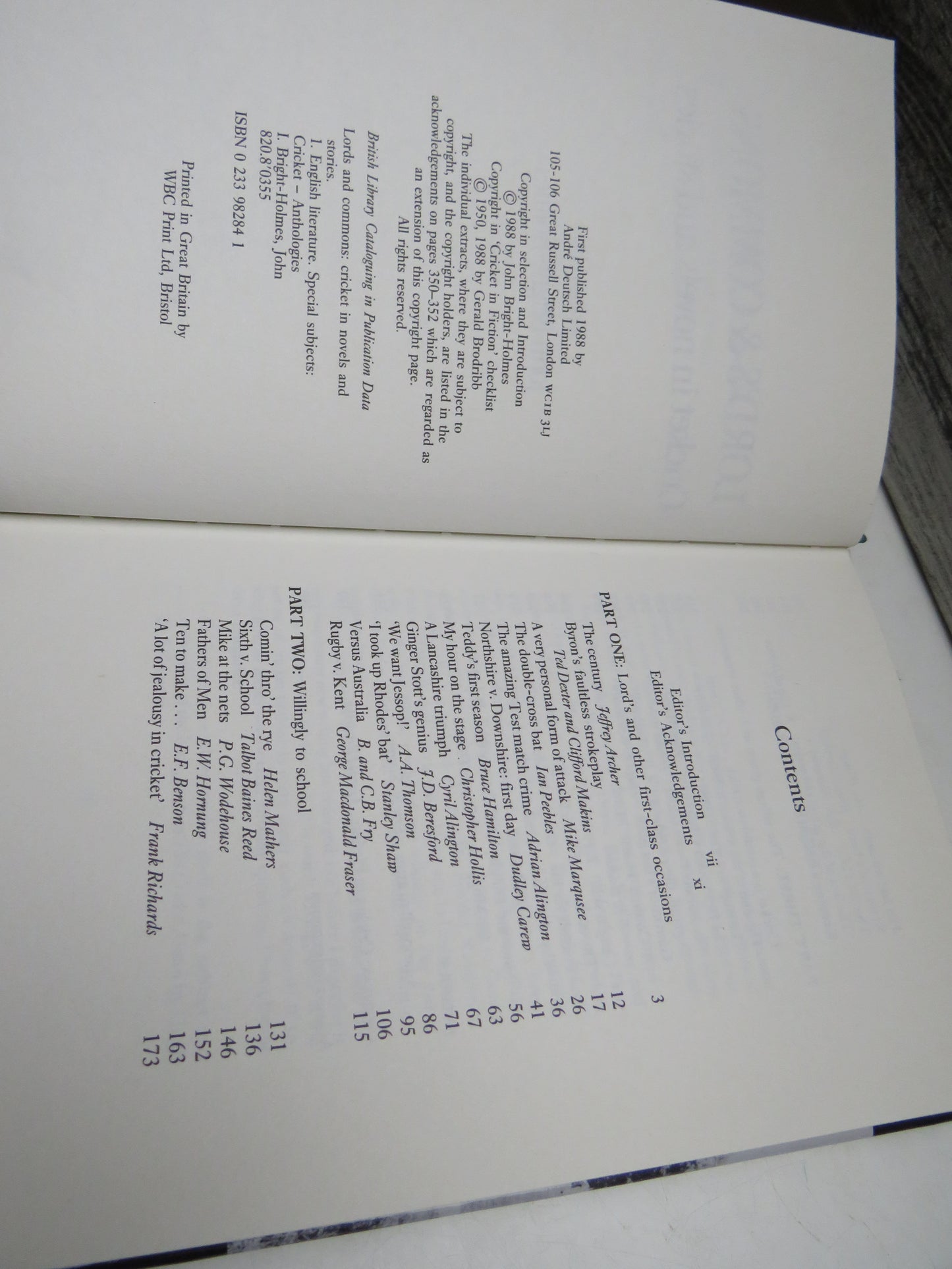 Lord's & Commons Cricket In Novels and Stories Edited By John Bright-Holmes 1988