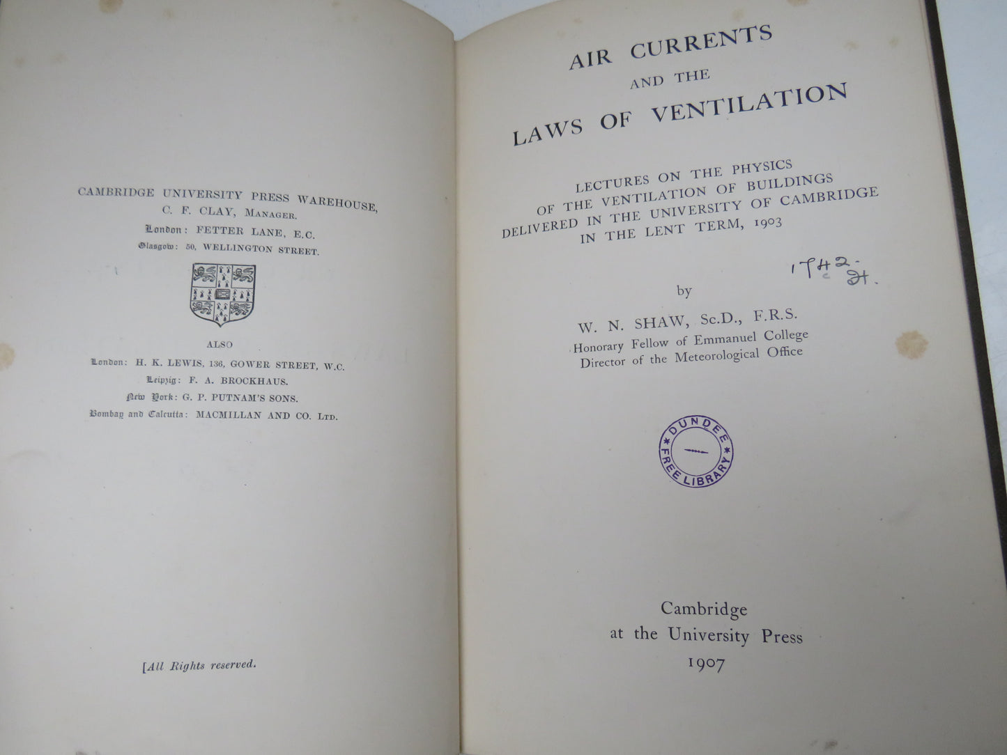 Air Currents and The Laws of Ventilation By W. N. Shaw 1907 Antique Book