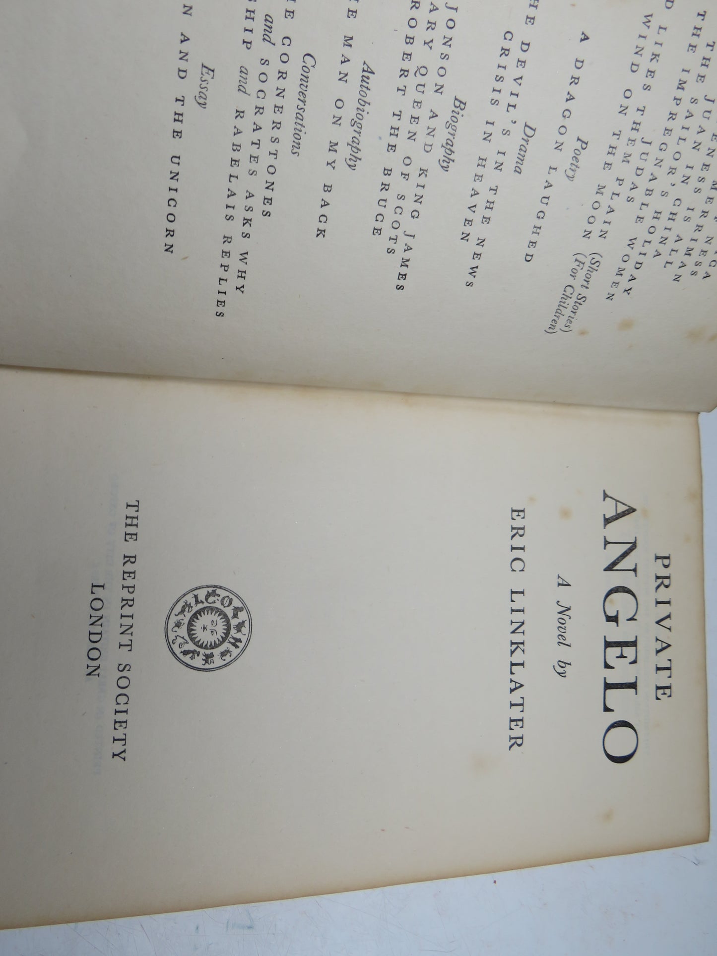 Private Angelo A Novel By Eric Linklater 1948