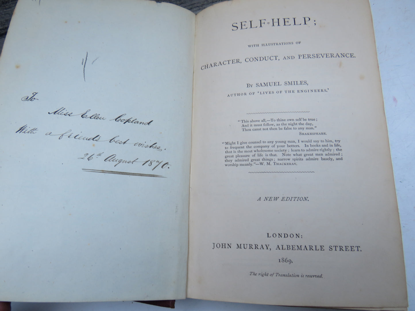 Self-Help; With Illustrations of Character, Conduct and Perseverance By Samuel Smiles 1869