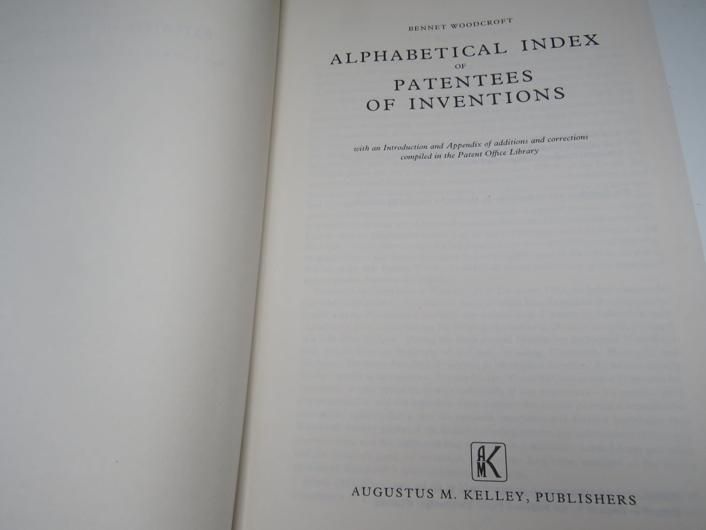 Alphabetical Index of Patentees of Inventions By Bennet Woodcroft 1969